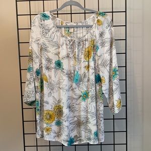 CJ Banks Plus Size Peasant Top - White Turquoise & Gold